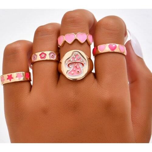 Fashion Dripping Oil Heart Flower Rings Set Sweet Geometric Gold Rings for Women Girl Party Wedding Jewelry Gifts Anillos Anel