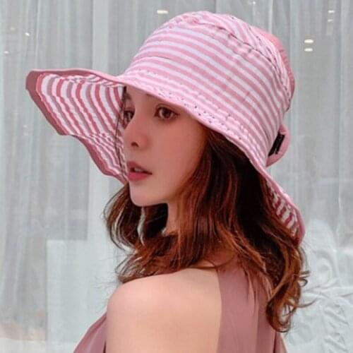 Stripe Women Cotton Cap Fisherman Hats Girls Wide Brim Fashion Tourism Visor Foldable Bucket for Sun hat
