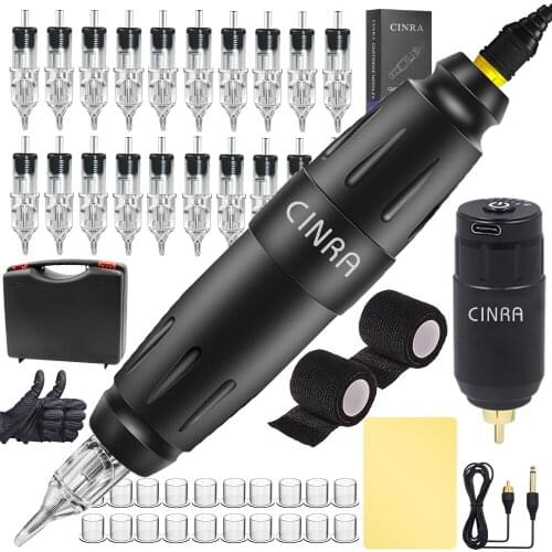 Professional Tattoo Cartridge Machine Pen Kit with Tattoo Pen Wireless Tattoo Power Supply 20pcs 3RL Tattoo Needles Cartridges