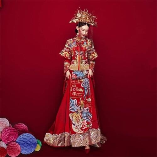Qipao Ancient Classic Mandarin Collar Cheongsam Marriage Suit Embroidery Phoenix Chinese Wedding Dress chinese wedding dress