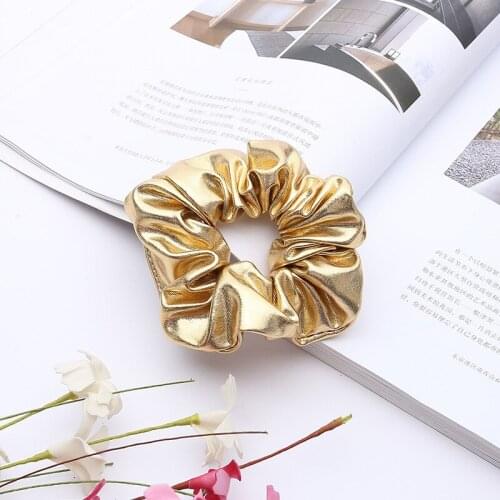 Women Gold Black Pu Faux Leather Elastic Hair Ties Girls Hairband Rope Ponytail Holder Scrunchie Headbands Accessories