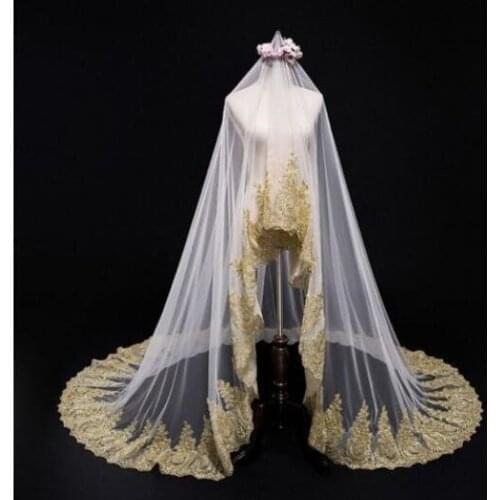 Gorgeous Cathedral One Layer Gold Lace Edge White Ivory Tulle Wedding Veil Bridal Blush Veil Bride Headdress