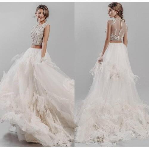 Luxury 2020 Two Pieces Beach Wedding Dresses Feather A Line Beaded Lace Applique Bridal Gowns Country Boho Wedding Gown