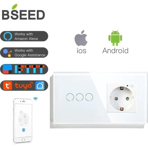 BSEED 16A Wifi Touch Switch 3 Gang Wifi EU Standard Socket With White Black Golden Crystal Glass Panel Smart Switch