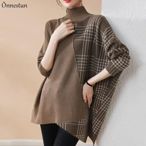 Turtleneck Sweater Women Winter Pullovers Knitted Sweater Korean Style Long Sleeve Top Plaid Patchwork Pull Femme Sweaters