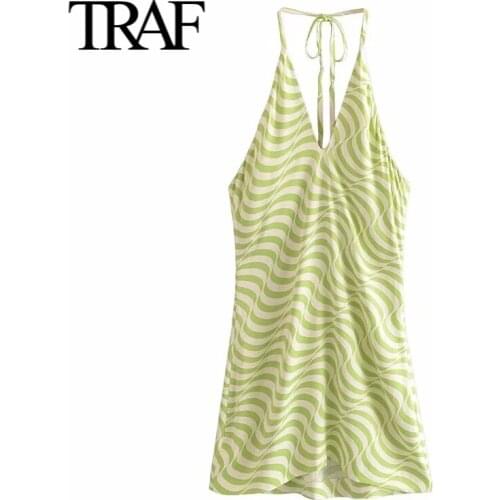 Traf 2021 Summer Sexy Dress Women Mini Satin Dress Backless Sleeveless Dress Evening Vintage Printing Club Bodycon Dresses