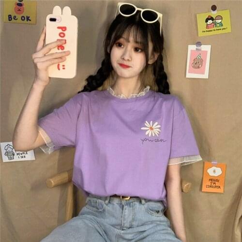 Female Korean Harajuku Sweet Mesh Daisy Loose T-shirt Womens T-shirts Tops Japanese Kawaii Ladies Ulzzang Clothes For Women