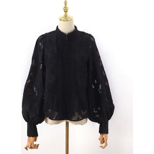 Loose Lace Shirts Women Stand-Up Collar Pearl Buttons Mesh Lantern Sleeves Translucent Thin Tops Outdoor Leisure Streetwear