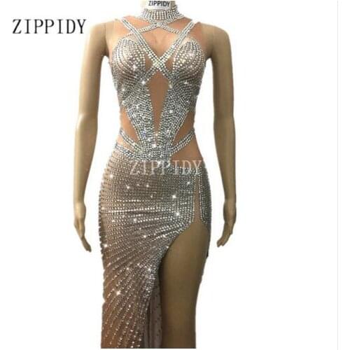2019 Sparkly Crystals Long Womens sexy Evening Party Costume Stage Women Silver Rhinestones Nude Color Celebrate Dresses