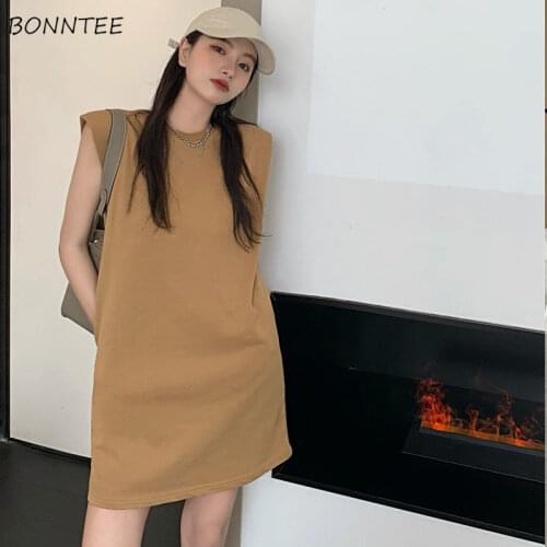 Sleeveless Dress Women Shoulder Pads Vintage High-street Simple Fashion Cool Straight Leisure Summer Popular Female O-neck Chic