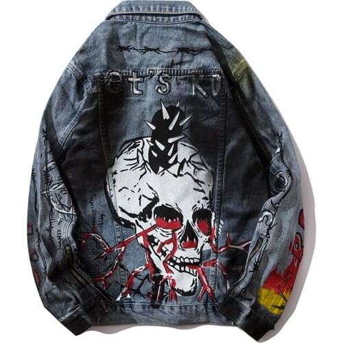 Printed denim jacket fashion motorcycle denim street classic punk hip hop street wear worn denim jacket