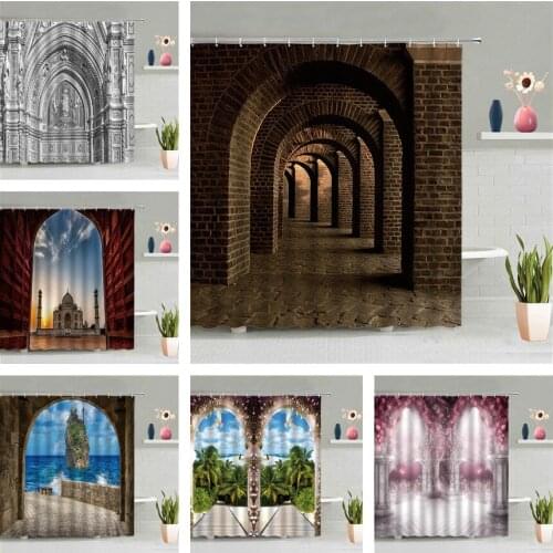 Europe Arched Door Shower Curtain Corridor Architecture Ocean Scenic Bathroom Wall Hanging Curtains Waterproof Screen Decor Set