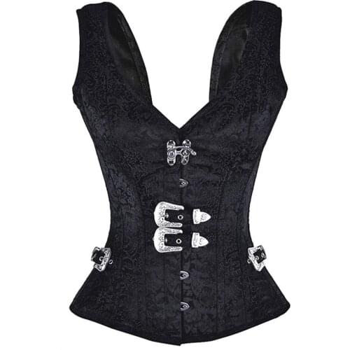 Gothic Steampunk Costume Waist Trainer Overbust Waist Cincher Claret Black Jacquard Top Bustier Corsets For Womens Plus Size