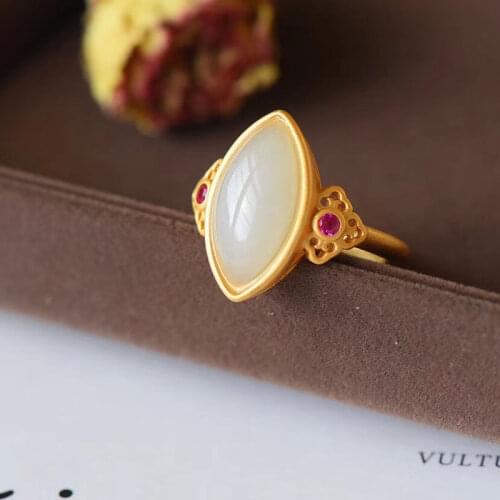 Natural Hetian Jade Open Ring White Jade Jasper Ring S925 Sterling Silver Inlaid Gilding Ancient Style Ring Ornament for Women