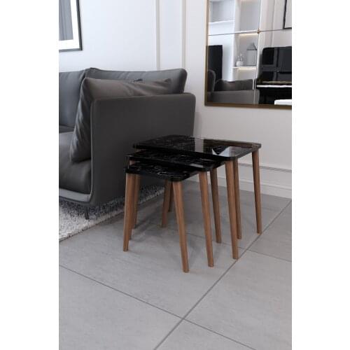 Zigon Coffee Table & Side Coffee Table 3'lü Wooden Legs Coffee Table-Black Marble Pattern