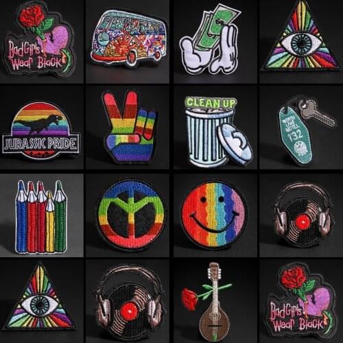 Colorful Rainbow Eyes Patches Iron On Flower Peace Bus Money Coming USD Appliques for Clothes Stickers 3D Diy Coat Decor