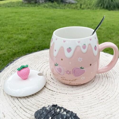 Creative Mug 400ml Japanese Style Cartoon Cute Strawberry Ceramic Cup Ins Water Cup with Lid Spoon Couple Cup Cute Pink Red