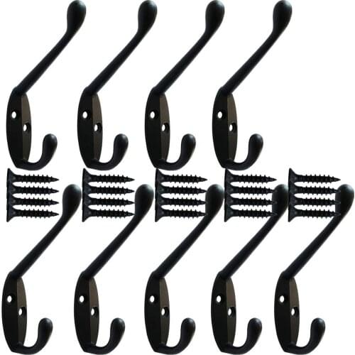 ABKM Hot 9 Pack heavy duty Coat Hooks Wall Mounted 20 Screws Black Color for Hat hardware Dual Prong Retro Coat Hanger