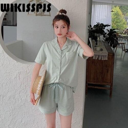 Summer Cotton Pajamas Womens Short Sleeve Shorts Set Lapel Embroidery Sweet Casual Home Wear Kawaii Pajamas for Teen Girls