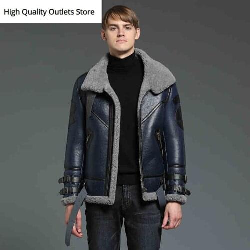 Fur coat men fur jacket man sheepskin jackets genuine leather coats tops blue fashion casual winter coldproof