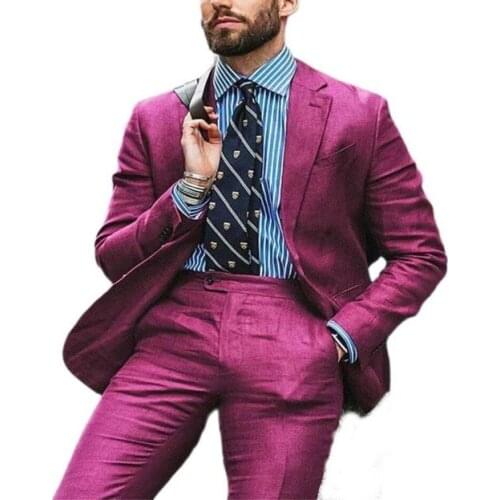 Fuchsia Mens Suits For 2021 Linen Notched Lapel Groom Tuxedos Slim Fit Blazer Two Piece Jacket Pants Man Tailor Made Clothing