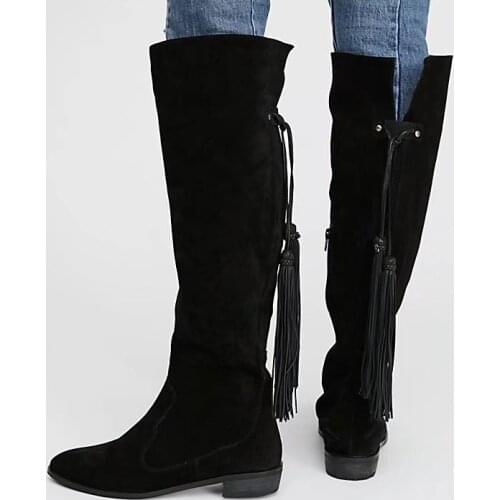 New Hot Women Brown Black Suede Stacked Heel Distressed Rounded Toe Elastic Band In Back Side Zip Knee High Tassel Flat Boots