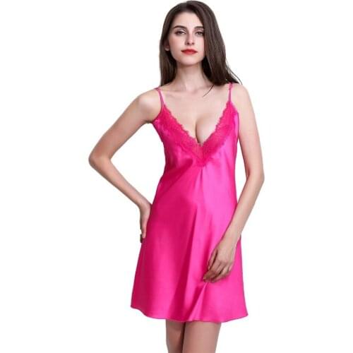 Solid Satin Chiffon Women Nightgown Lace Neck Spaghetti Strap Sleepshirt Black / Light Grey / Rose / Royal Blue / White Nightie
