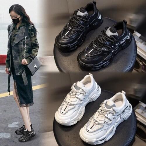 Daddy Shoes Womens Autumn 2021 New Shoes Thick Soled Elevated Casual Running Versatile Leather Sneakers