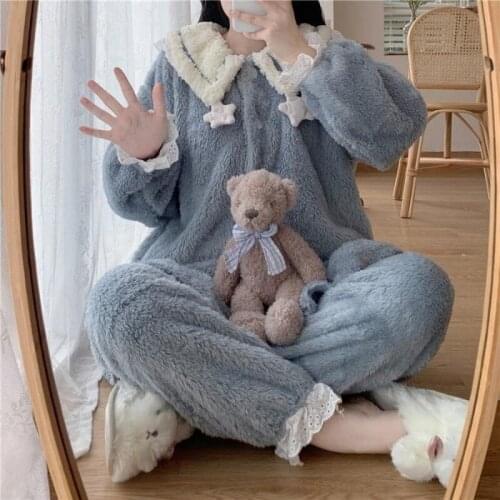QWEEK Winter Womens Pajamas Kawaii Coral Fleece Pijamas Lace Pyjamas Soft and Warm Girls Home Clothes Blue Pink Two Piece Set