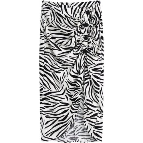 Hot Sale Women Zebra Print Pleated Design Side Slit Midi Skirt Casual Female Loose Clothes P2206