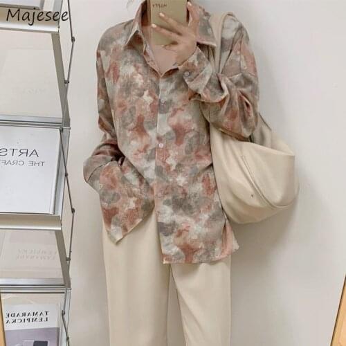 Shirt Women Tie Dye Casual Retro Tops Ladies Office Daily Long Sleeve Single Breasted Vintage Elegant Straight Trendy Female Ins