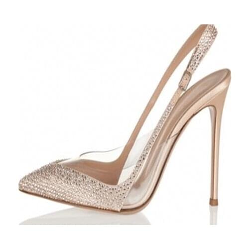 Elegant Crystal Embellished High Heel Pumps Women Slingback Dress Shoes Shallow Pointed Toe Bride Wedding Shoes Big Size 10