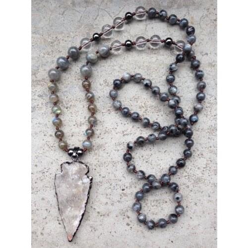 YA2385 Stone Clear Quartz Arrow Pendant Amethys Labradorite Agat Beads Knot Handmade Necklaces 30-32inch long