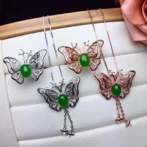 Natural green jasper gem Ring Pendant Natural Gemstone Jewelry Set 925 Silver Fashion Lovely butterfly girl party gift fine Ring