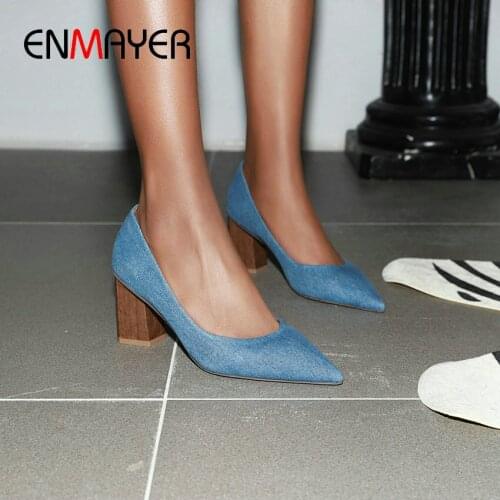 ENMAYER 2020 Party Slip-On Women Shoes Basic Pointed Toe Square Heel PU Spring/Autumn Classics Shallow Wedding Shoes 34-43