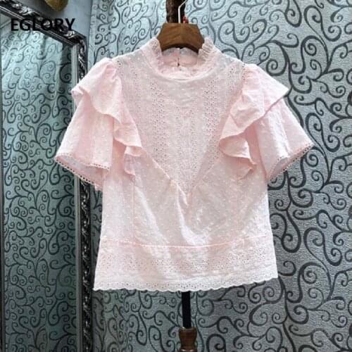 100%Cotton Tops & Tees 2021 Spring Summer Tops Women Hollow Out Embroidery Ruffle Flowers Deco Short Sleeve White Pink Tops