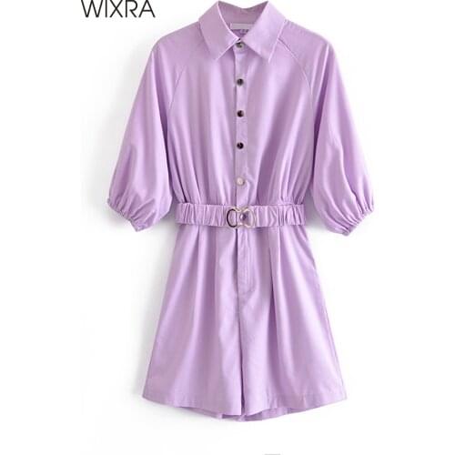 Wixra Womens Vintage Turn Down Collar Short Sleeve Solid Playsuit With Sashes Fashion New Ladies Summer Casual Loose Rompers