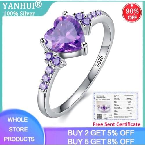 YANHUI With Certificate Purple Zircon Crystal Ring For Women Lovely Heart Shape 925 Silver Jewelry Romantic Valentines Day Gift
