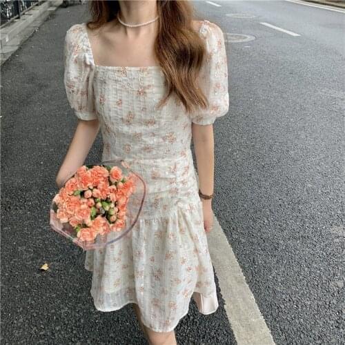 Eam Dress Square Collar Floral Short-sleeved Dress Female Summer New Korean Version of The High-waisted Thin A-line Skirt Trend