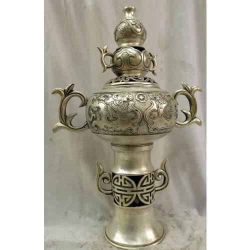 15" China silver carved Foo Dogs Lion bottle gourd incense burner censer Statue