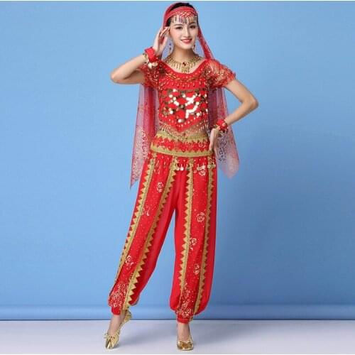 2019 Sari Dancewear Women Belly Dance Costume Set Indian Dance Costumes Bollywood Outfits (Top+belt+pants+veil+hairpin)