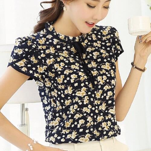 2021 Summer Floral Print Chiffon Blouse Ruffled Collar Bow Neck Shirt Petal Short Sleeve Chiffon Tops Plus Size Blusas Femininas