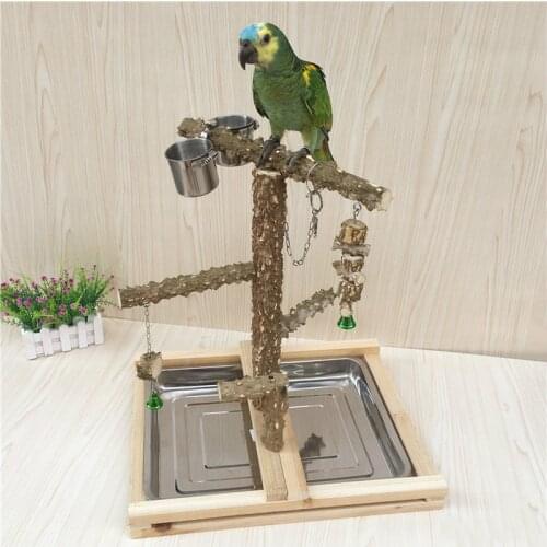 Bird Bite Claw Perches Parrot Wooden Stand Hanging Cage Bird Standing Stick Toys Parrot Playground With Foot Ring Feeder Cups