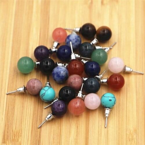 Women Girls Silvers Simple Fashion Earrings 10mm Natural Stone Stud Earrings Crystal Quartz Round Ball Beads