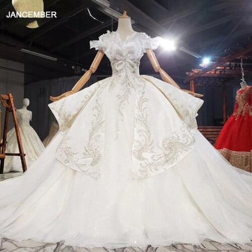 HTL1772 Ball-Gown Beaded Luxury Wedding Dress 2020 Backless Applique Off The Shoulder Short Sleeves