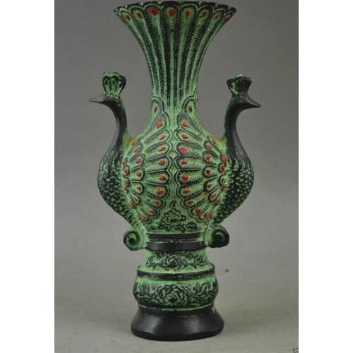 Exquisite Old Collectibles Bronze Carve Pair Auspicious Peacock Rare Noble Vase