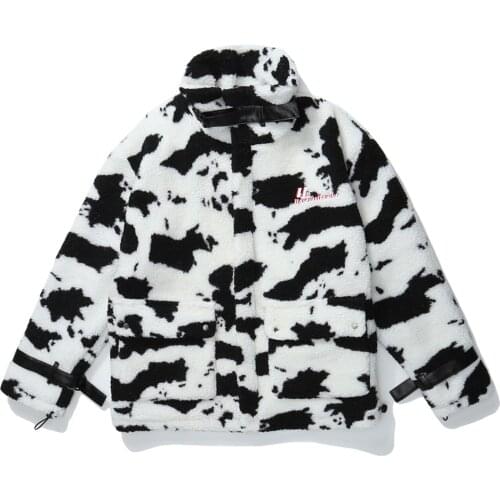 Hip Hop Lambswool Jacket Coats Men Streetwear Cow Printed Cardigan Coats Autumn Winter Stand Harajuku Loose Couple Coat Outwear