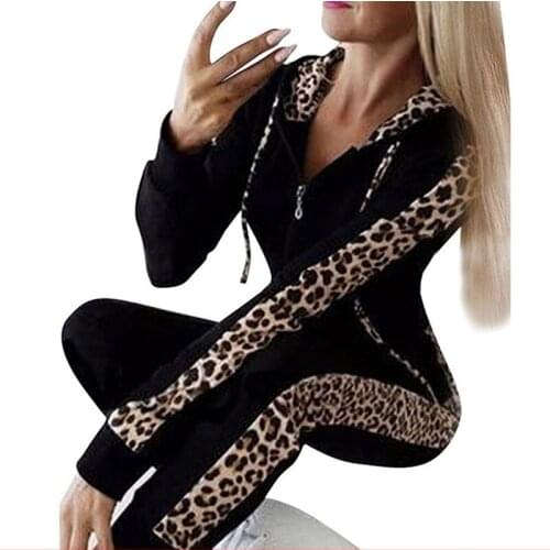 Fashion Leopard Print Suit Hooded Drawstring Casual Clothes Sportswear Running Pants Women