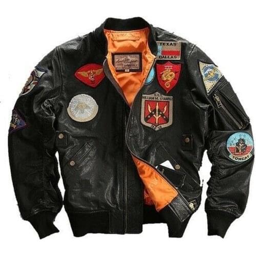 Men Black Top Gun Leather Pilot Jacket Sheepskin Short Plus Size Military Coat Men Clothing