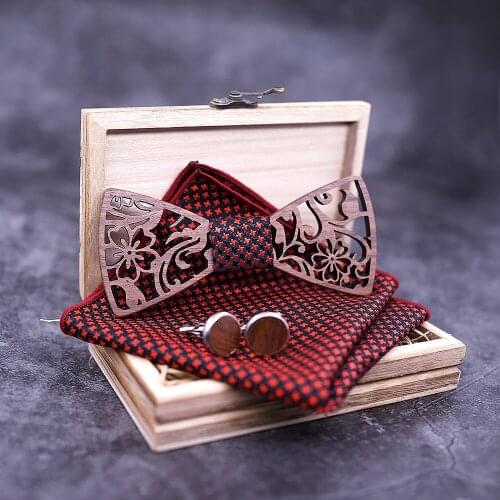 3D Wooden Bowtie for Mens Wedding Paperon Corbatas Hollow Carved Wood Bow Tie Handkerchief Cufflinks Set for Mens Suit
